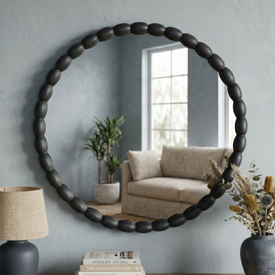30" Round Solid Wood Decorative Wall Mirror with Carved Beaded Frame
