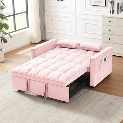 Lit de salon moderne en velours rose avec dossier convertible inclinable 3 en 1 pour une touche d'élégance