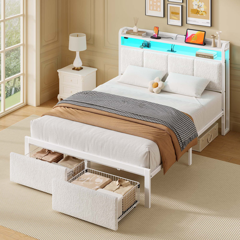 Lit plateforme tapissier moderne avec rangement, tête de lit, station de charge USB et lumières DEL, Simple, gris