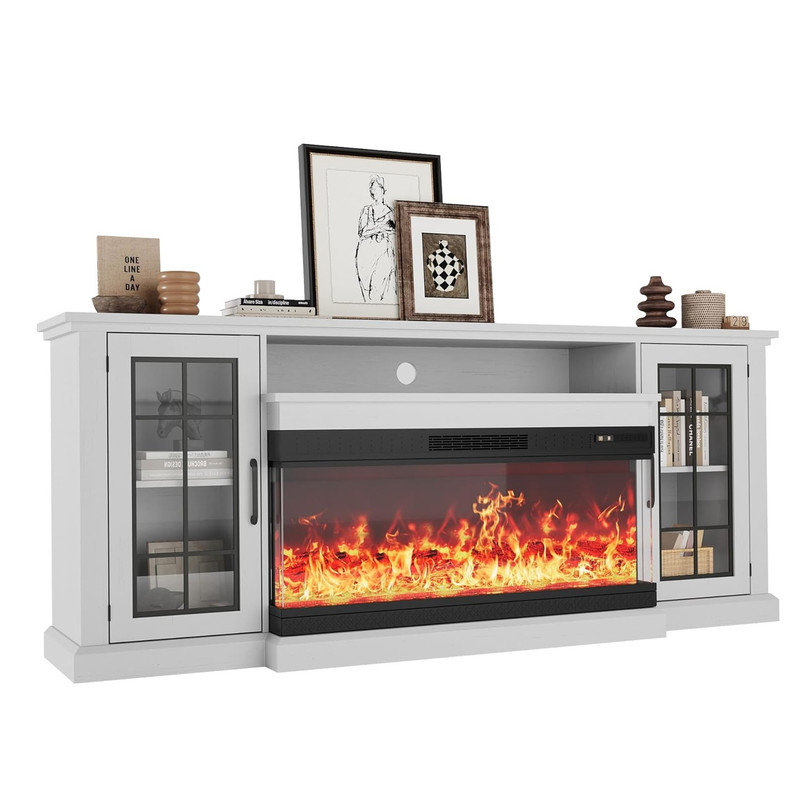 75 in Fireplace TV Stand, Entertainment Center with 40 in Fireplace, TV Console Cabinet with 2 Cabinet Door, Electric Fireplace Heater with Frame and LED Light Colors, White