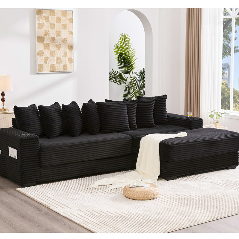 Velours côtelé modulaire en L 107,79 po avec repose-pieds amélioré, porte-gobelets, 8 coussins décoratifs et pochettes à magazines