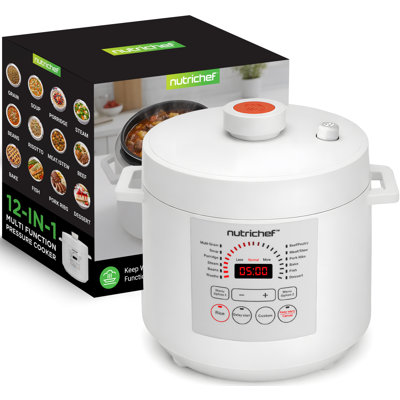 Nutrichef 6 Quart Electric Pressure Cooker | 12 Function Digital Countertop Pressure Cooker | Adjustable Time & Temperature | Re-heat And Keep Warm Function | 13.1 X 11.4 In | White