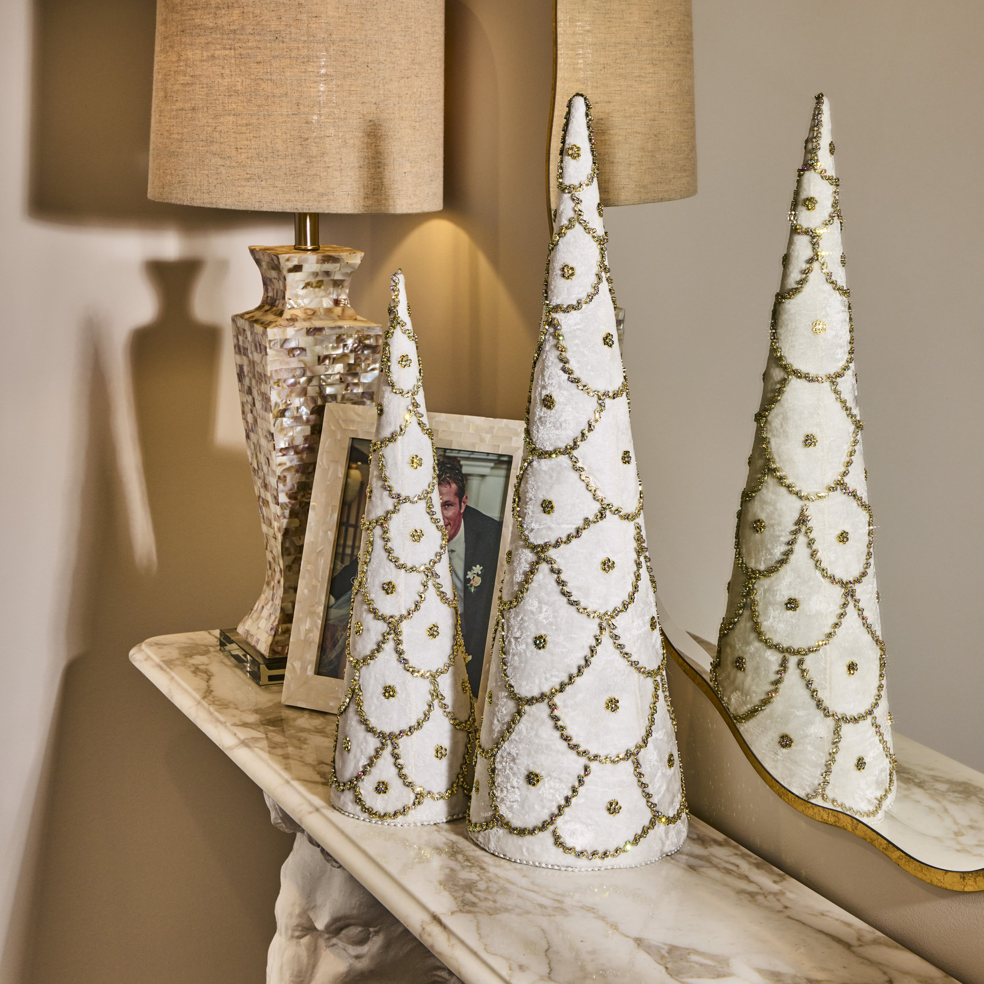 18-24" Jeweled Scalloped Velvet Cone Tree, Ivory
