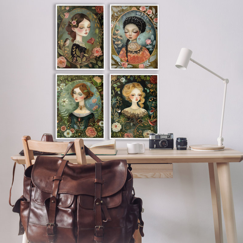 Nouveau Ladies with Floral Borders 4 Piece Framed Giclee Art Set, design by The Dutch Lady, 24" H x 64" W