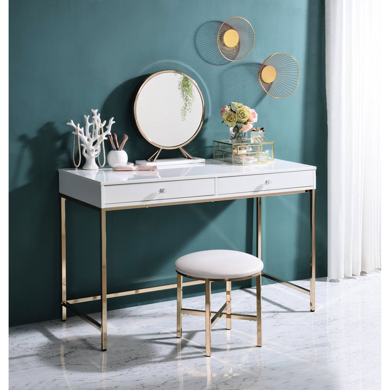 Bureau moderne blanc brillant et doré 2 pour chambre à coucher avec 2 tiroirs et espace de travail