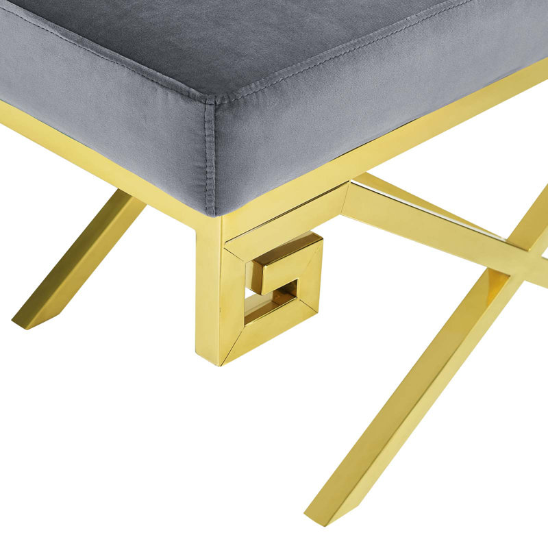 Gray Velvet Upholstered Bench with Gold Stainless Steel Base