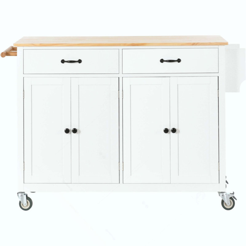 Kitchen Island Cart With Solid Wood Top And Locking Wheels,4 Door Cabinet And Two Drawers,Spice Rack, Towel Rack, White