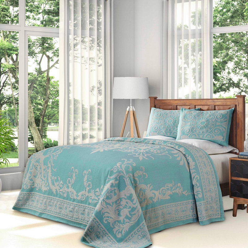 Rio Lightweight Cotton Blend Woven Jacquard Traditional Medallion Bedspread/Coverlet Set, Aqua, Queen + 2 Shams