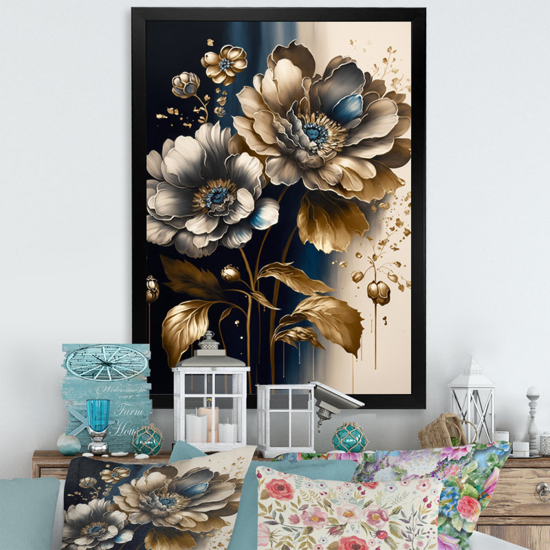 «Boville Blue and Gold Zinnia Flowers I», reproduction sur toile, Impression noire sur toile encadrée