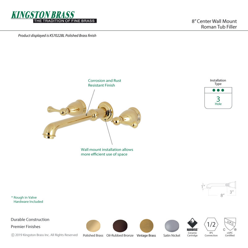 Kingston Brass English Country Two-Handle 3-Hole Wall Mount Roman Tub Faucet