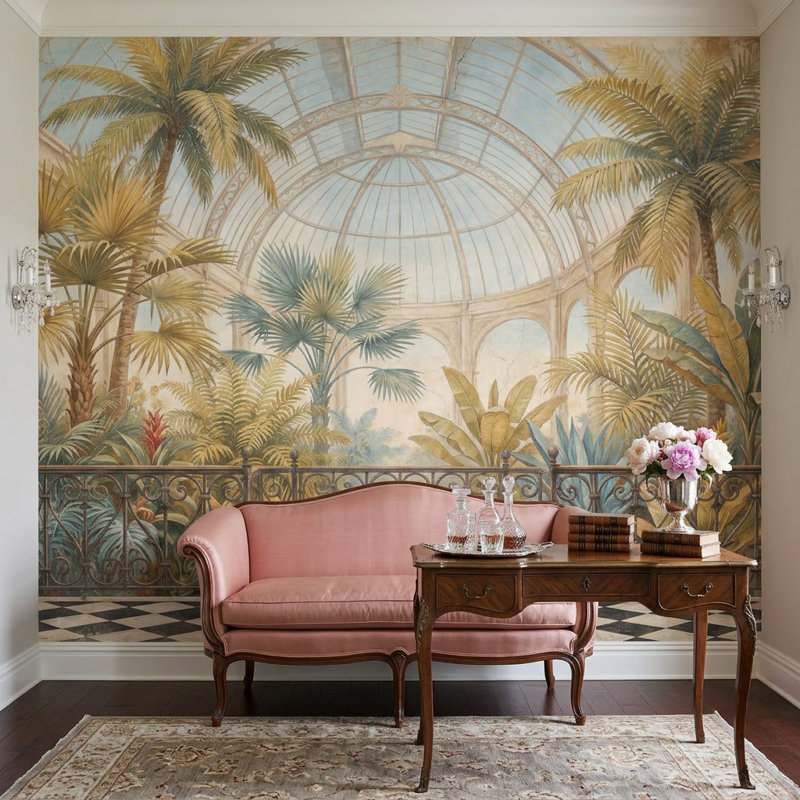 Décoration murale serre tropicale avec palmiers en verre amovible, 160 po x 108 po, Textured Non-Pasted
