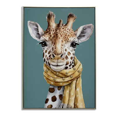 Girafe avec toile écharpe moutarde - 21 po x 29 po - cadre champagne argenté