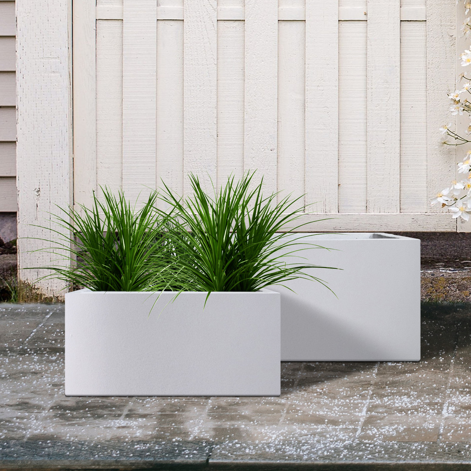 Tali 2 Piece Long Rectangular Lightweight Pure White Concrete Metal Indoor Outdoor Planter Pots, w/ Drainage Hole Set