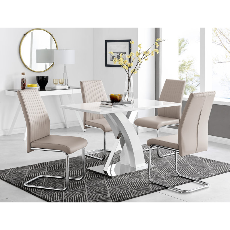 Marietta Chrome Metal and White High Gloss Dining Table Set - 4 Luxury Faux Leather Dining Chairs, Cappuccino Grey