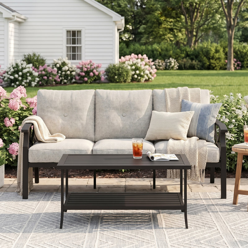 177.8cm Wide Straight Metal Sofa with Cushions, Khaki Cushion/Coffee Frame