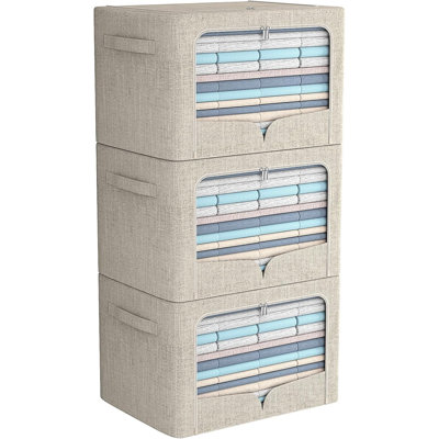 3 Pack Clothes Storage Bins Foldable Metal Frame Storage Box Stackable Linen Fabric Organizer Set With Carrying Handles And Clear Window