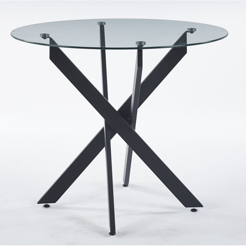 Black Dining Table With Cross Metal Leg And Tempered Glass,Modern Space Saving Kitchen Table For Living Room