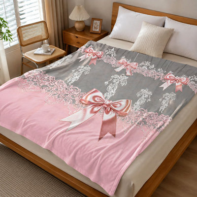 Plaid douillet en flanelle, motif floral dégradé rose et gris avec nœuds, design romantique, doux, léger, respirant, toutes saisons, agréable pour la peau, lavable à la machine, décoratif, pour canapé, fauteuil, salon et chambre