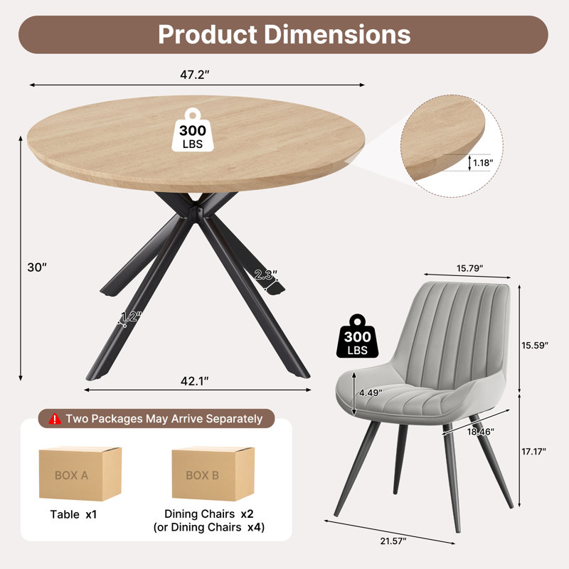 Ensemble de table de salle à manger 47,2 po avec 4 chaises rembourrées, Natural, Grey