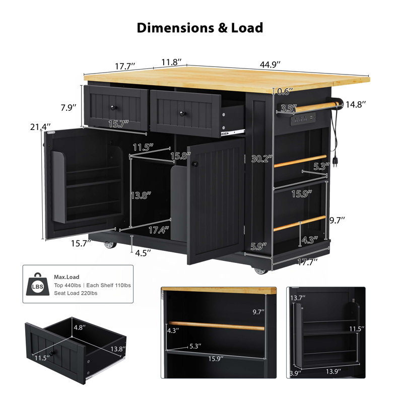 Kitchen Island with Drop Leaf, Black