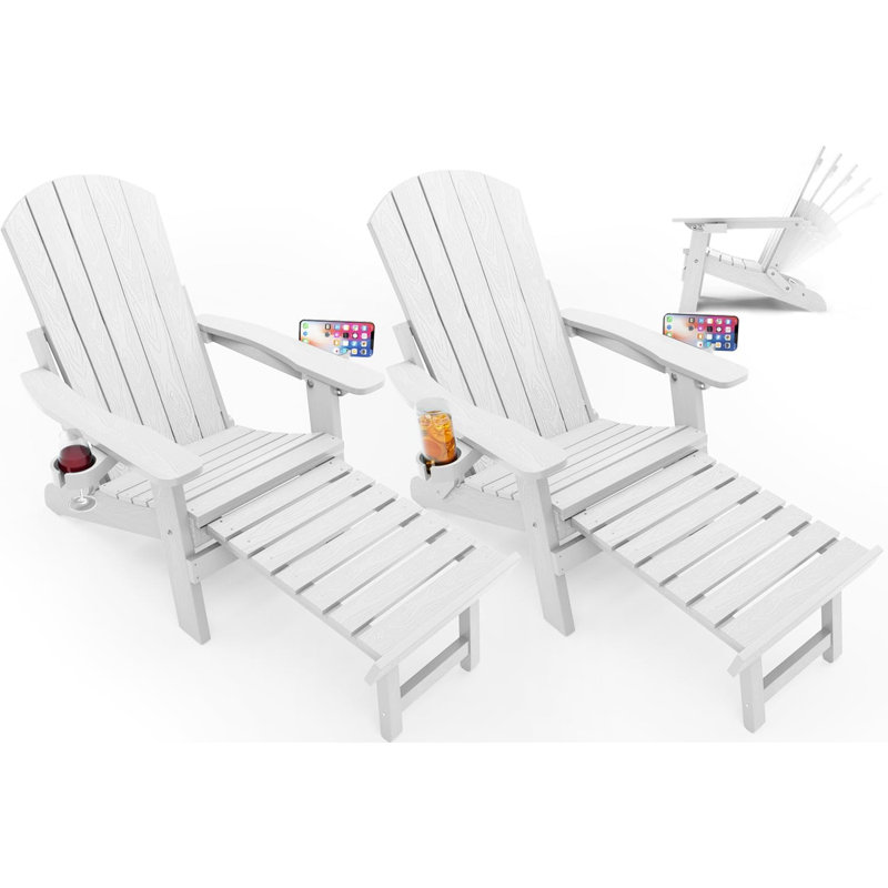 Ensemble de 2 chaises Adirondack pliantes réglables pour l'extérieur avec repose-pieds et 2 porte-gobelets pour patio, bord de piscine, patio, blanc