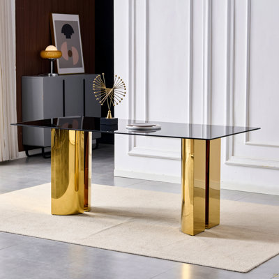 70.00 Inch Rectangular Dining Table, Modern Style, Black Tempered Glass Tabletop, Gold Stainless Steel Legs, Mirror Finish, Suitable For 4-6 People.