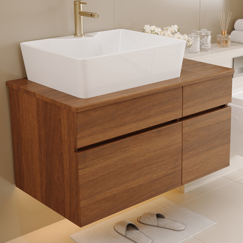 Petit meuble-lavabo flottant simple avec lavabo, Noyer