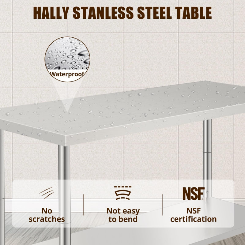 Table de travail en acier inoxydable avec roulettes, table de préparation commerciale 60 po x 24 po x 35 po, tablette réglable, dosseret pour la cuisine et le garage