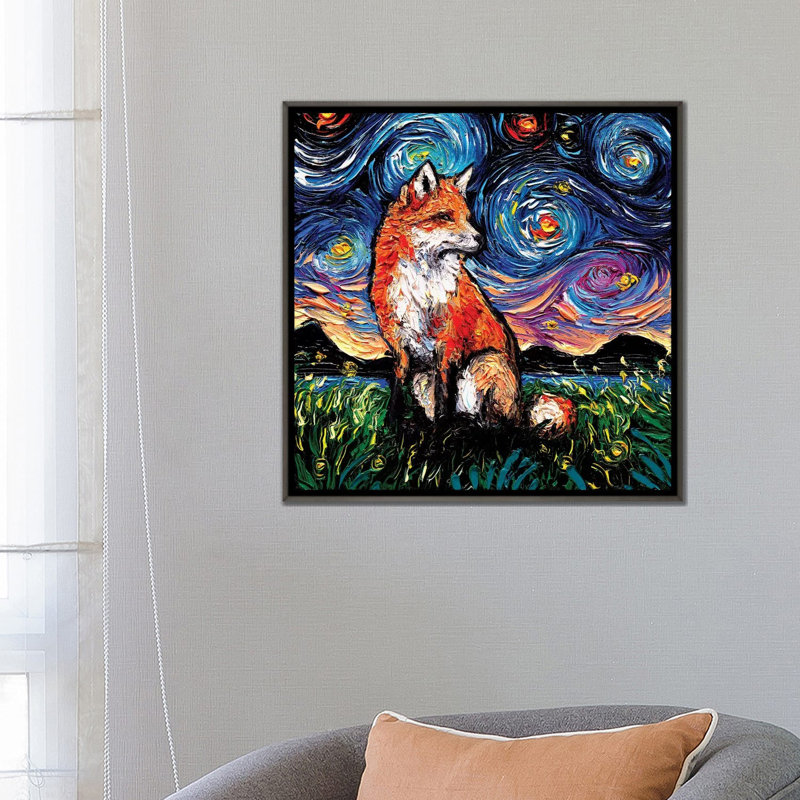 "Vulpine Night" par aja Trèves, reproduction d’art, Pas de tapis, Toile encadrée de bois rustique foncé
