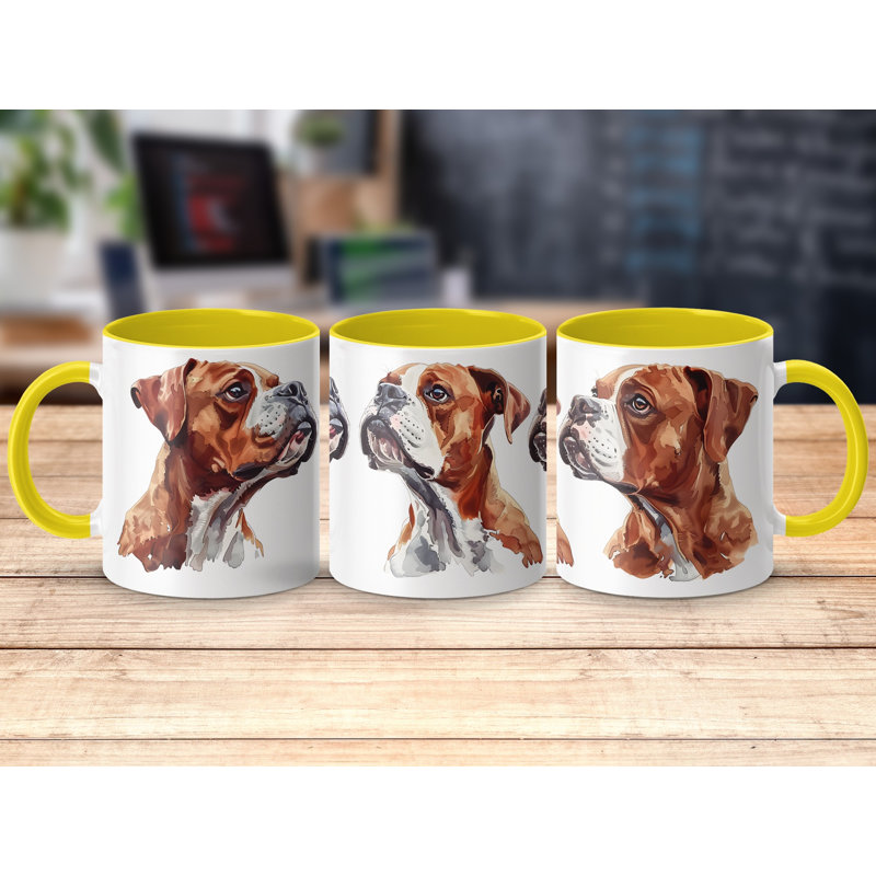 11oz Watercolour Boxer Dog Design Coffee Mug, Yellow, 3