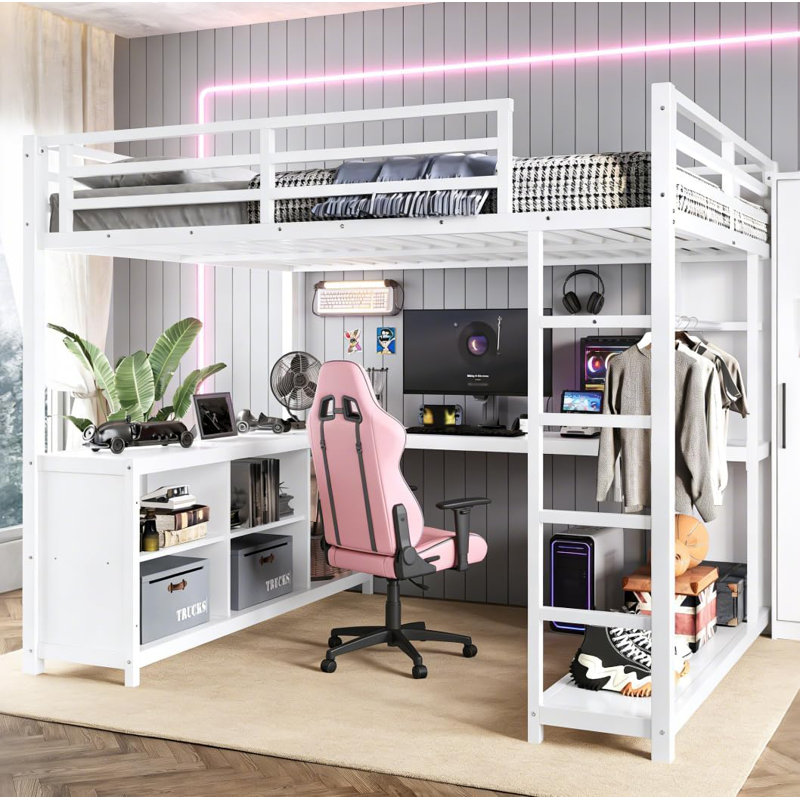 Lit mezzanine double blanc avec bureau et compartiments de rangement ouverts, Blanc, Lit superposé double sur double