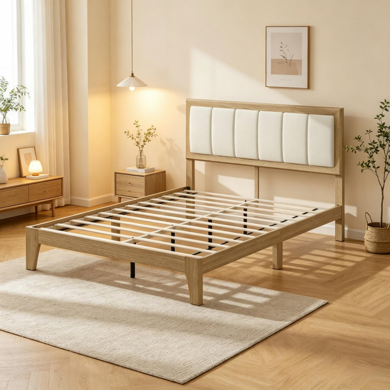 Wooden Bed Frame with Upholstered Headboard