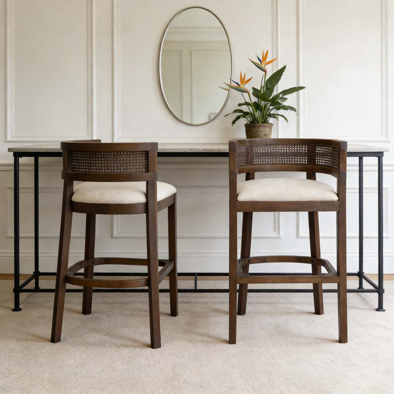 Tabourets de bar rembourrés en bois et rotin, Beige, noyer