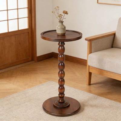 Solid Wood Round Pedestal Side Table With Tray Top - Bobbin Turned Accent Table For Living Room Or Bedroom - Compact Drink Table With Stable Base - Easy Assembly