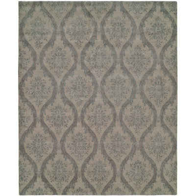 Wool Damask Area Rug in Gray/Beige