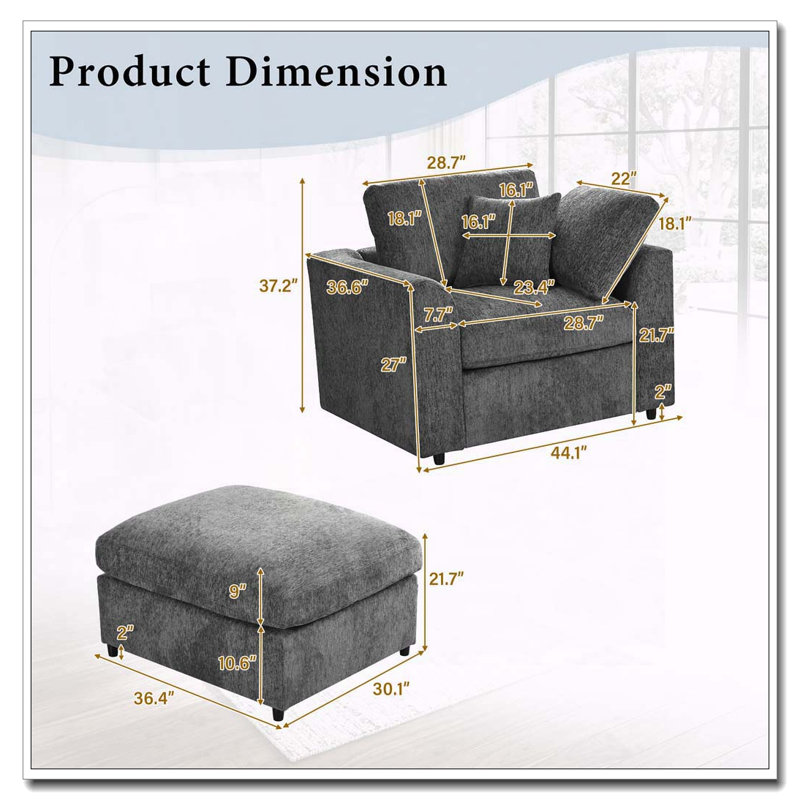 Ensemble de méridienne moderne avec tissu en chenille doux, structure en bois massif et repose-pieds, L 44,1 po x P 36,6 po