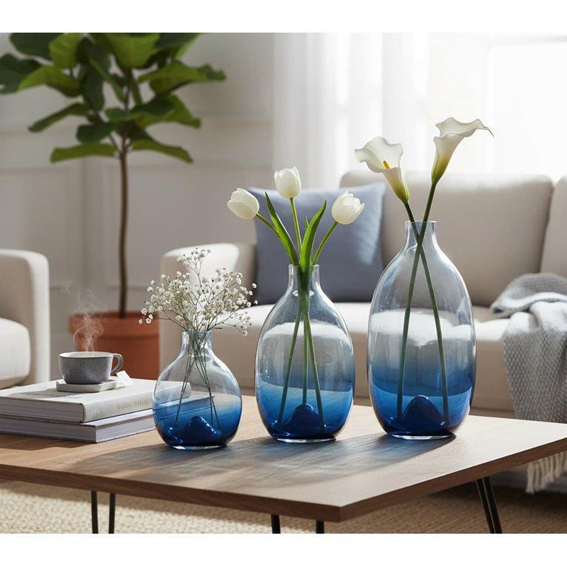 3-Piece Modern Green Glass Vase Set: 11" x 9" x 7"H | Decorative Centerpieces for Dining/Living Room, Blue