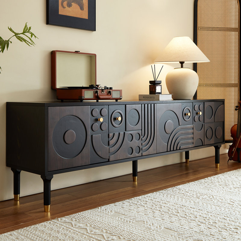  66.9 inches Medieval Modern Carved Entertainment Center TV Cabinet - Features four storage cabinets, accommodates TVs 55 inches and larger, minimalist design elevates living room style，Black (Width: 66.9 inches)
