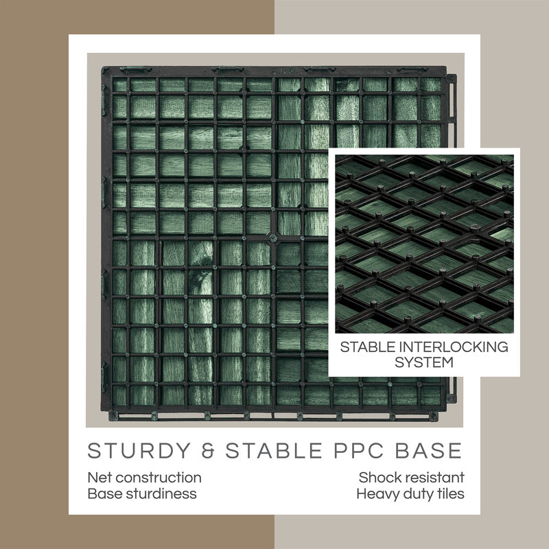 Carreaux de terrasse de qualité supérieure THYOI - Ensemble de 10 tuiles de terrasse emboîtables 12 po x 12 po x 0,9 po, bois d'acacia imperméable pour balcon, cour, intérieur et extérieur (vert Knysna, motif croisé, joints carrés)