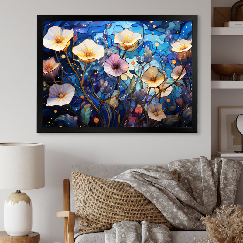 " Beige Blue Morning Glory Morning Glory ", H 12 po x l 20 po x P 1 po, Cadre simple noir