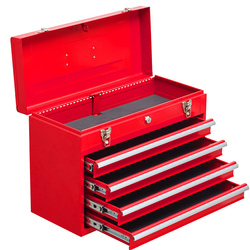 Boîte à outils portative en métal 4 - acier, revêtement rouge, pour coffre de garage et d'entrepôt avec 4 tiroirs - doublure de rouille, garage, entrepôt, travaux extérieurs