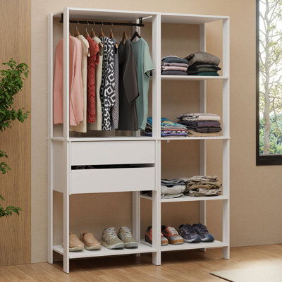  Wardrobe Clothes Storage Rack with 2 Drawers, 7 Shelves and Hanging Space 51"L Multiuse Modular Cabinet for Bedroom Organization - White