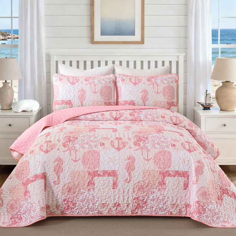 Ensemble de courtepointe 3 pièces nautique réversible avec taies d'oreiller, couvre-lit léger en patchwork, literie en microfibre toutes saisons respirante