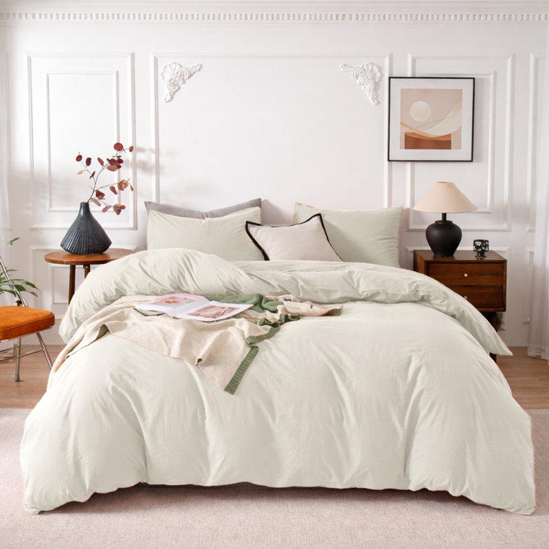 3-Piece Dyed Duvet Cover Set With Pillowcases, Double Duvet Cover + 2 Standard Pillowcases, Cream