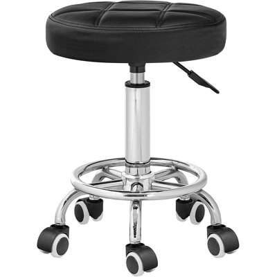 Tabouret rond à roulettes avec roulettes, tabouret pivotant à hauteur réglable, fauteuil en cuir PU, fauteuil de dessinateur pivotant avec repose-pieds, pour salon de beauté, salon de coiffure, bar, studio, noir et argent Sb12By01
