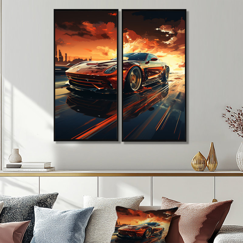 Art de voiture rouge Vette - décoration murale moderne, H 40 po x l 40 po, Noir, Impression encadrée flottante