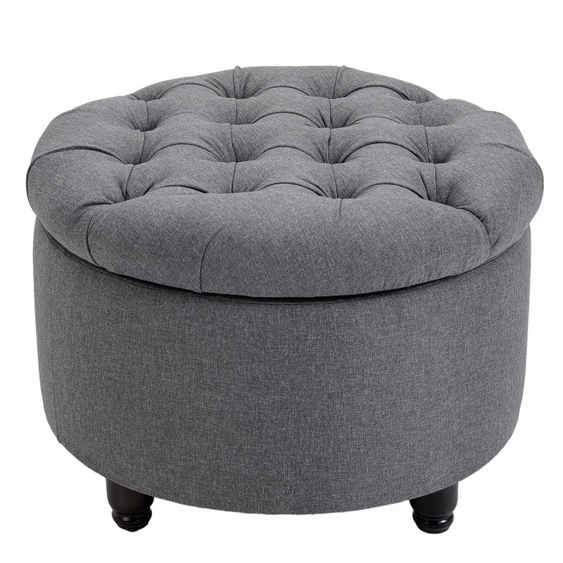 Round Linen-Touch Fabric Upholstered Storage Footstool Ottoman, Button Tufted With Removable Lid