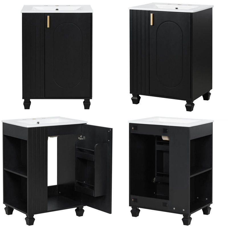 Meuble-lavabo classique 24 po avec lavabo en céramique - Structure en bois de pin massif, porte à fermeture en douceur avec tablette à 2 niveaux, espace de rangement latéral ouvert et sous-lavabo, armoire autoportante pour petites salles de bain