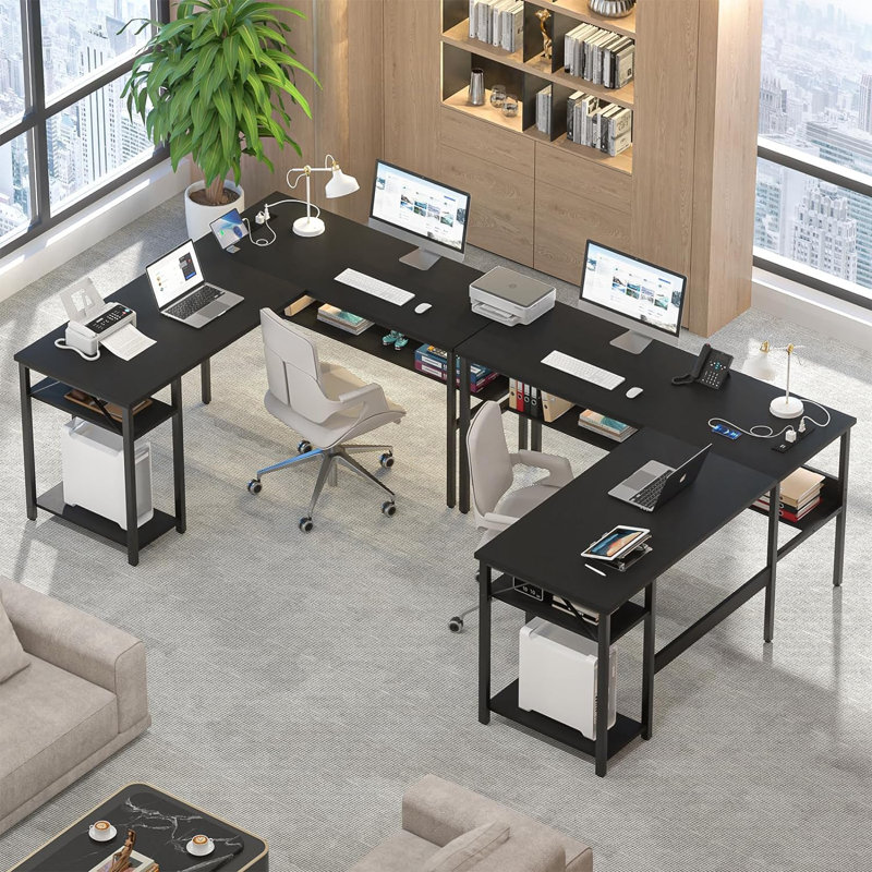 Mishaal L-Shaped Metal Base Computer Desk with Power Outlet, Black
