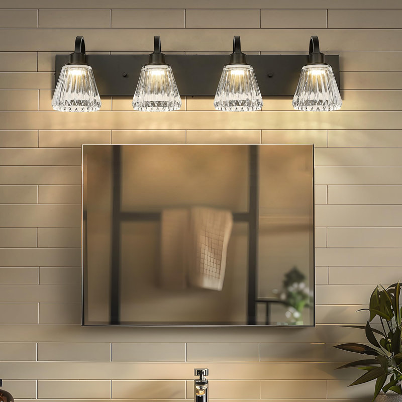 4 - Light Dimmable LED Vanity Light, Fluted Ripple Glass Shade, Industrial Vanity Lighting Fixtures, Black
